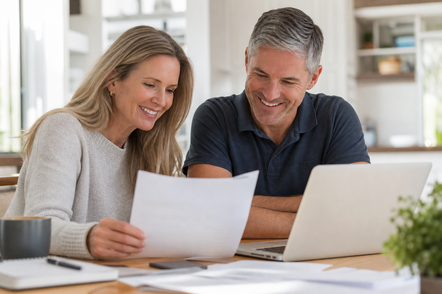 Couple reviewing their finances with relief