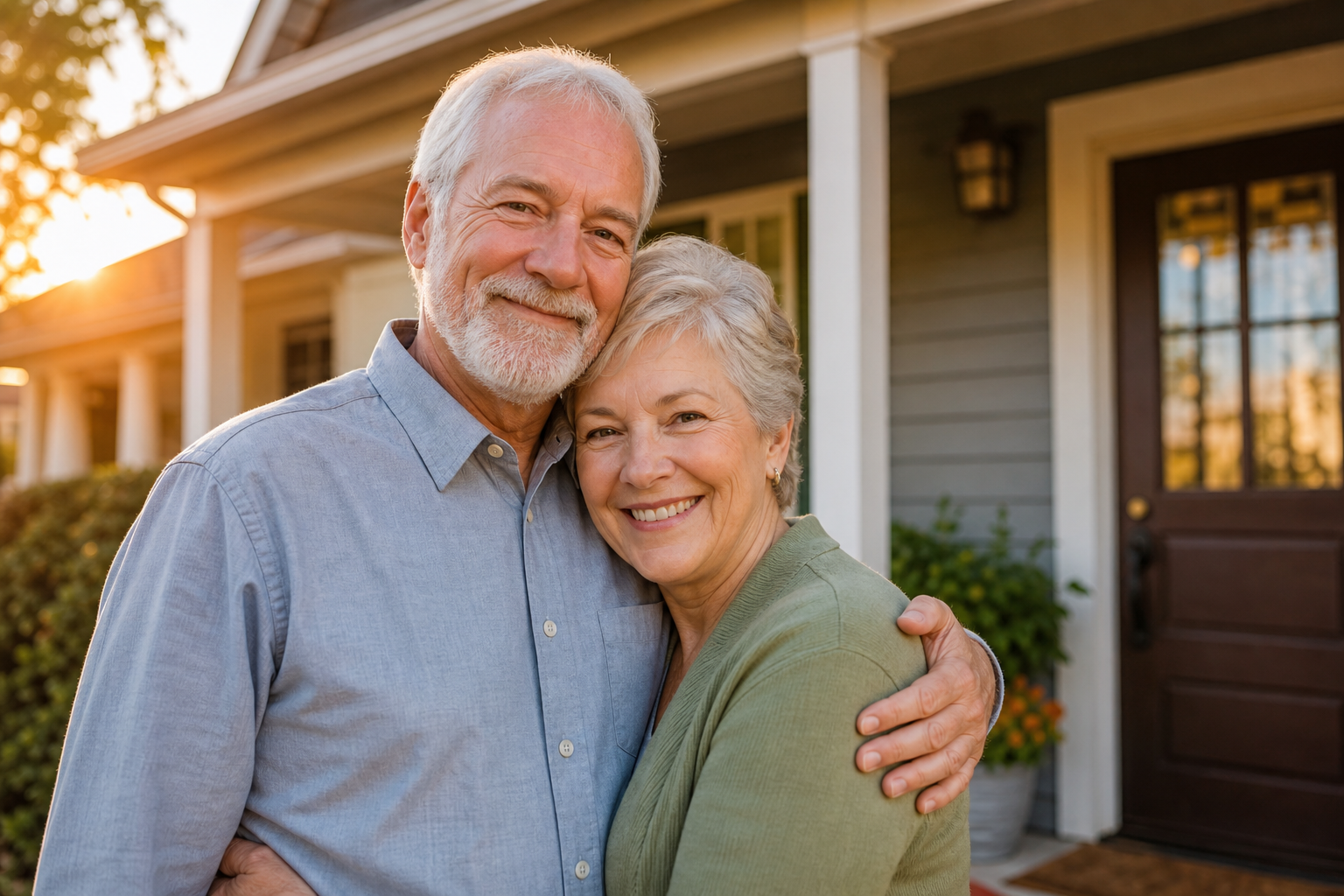 Relieved couple outside their home